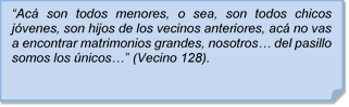 ?Ac son todos menores, o sea, son todos chicos jvenes, son hijos de los vecinos anteriores, ac no vas a encontrar matrimonios grandes, nosotros? del pasillo somos los nicos?? (Vecino 128).