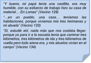 ?Y bueno, mi pap tena una casillita, era muy humilde, con su esfuerzo de trabajo hizo su casa de material? En Lomas? (Vecino 129) 