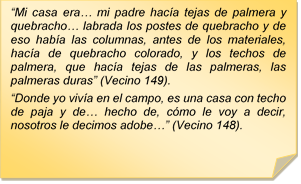 ?Mi casa era? mi padre haca tejas de palmera y quebracho? labrada los postes de quebracho y de eso haba las columnas, antes de los materiales, haca de quebracho colorado, y los techos de palmera, que haca tejas de las palmeras, las palmeras duras? (Vecino 149).