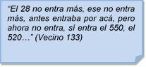 ?El 28 no entra ms, ese no entra ms, antes entraba por ac, pero ahora no entra, s entra el 550, el 520?? (Vecino 133)