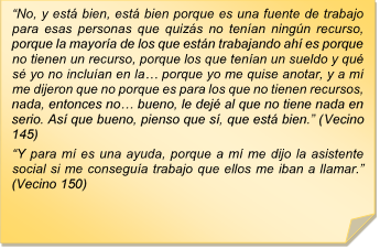 ?No, y est bien, est bien porque es una fuente de trabajo para esas personas que quizs no tenan ningn recurso, porque la mayora de los que estn trabajando ah es porque no tienen un recurso, porque los que tenan un sueldo y qu s yo no incluan en la? porque yo me quise anotar, y a m me dijeron que no porque es para los que no tienen recursos, nada, entonces no? bueno, le dej al que no tiene nada en serio. As que bueno, pienso que s, que est bien.? (Vecino 145)