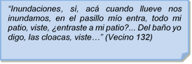 ?Inundaciones, s, ac cuando llueve nos inundamos, en el pasillo mo entra, todo mi patio, viste, entraste a mi patio?... Del bao yo digo, las cloacas, viste?? (Vecino 132)

