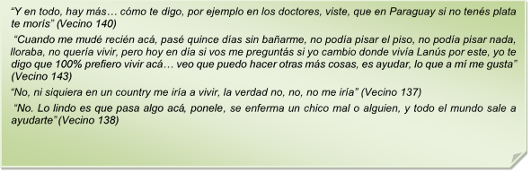 ?Y en todo, hay ms? cmo te digo, por ejemplo en los doctores, viste, que en Paraguay si no tens plata te mors? (Vecino 140)
 ?Cuando me mud recin ac, pas quince das sin baarme, no poda pisar el piso, no poda pisar nada, lloraba, no quera vivir, pero hoy en da si vos me pregunts si yo cambio donde viva Lans por este, yo te digo que 100% prefiero vivir ac? veo que puedo hacer otras ms cosas, es ayudar, lo que a m me gusta? (Vecino 143)
?No, ni siquiera en un country me ira a vivir, la verdad no, no, no me ira? (Vecino 137)
 ?No. Lo lindo es que pasa algo ac, ponele, se enferma un chico mal o alguien, y todo el mundo sale a ayudarte? (Vecino 138) 
