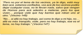 ?Pero no por el tema de los vecinos, ya te digo, est muy bien ac, estamos confiados, vos ac de los vecinos pods dejar cualquier cosa, no te llevan nada, salvo que vengan de Hornos para ac adentro a meterse, pero los que viven? porque viste que hay barrios que roban uno al otro.? (Vecino 145)?No? si all no hay trabajo, as como le digo a mi hija, no? all es ms tranquilo, viste, pero no hay trabajo, ese es el tema, no hay trabajo.? (Vecino 147)