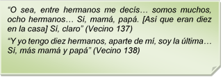 ?O sea, entre hermanos me decs? somos muchos, ocho hermanos? S, mam, pap. [As que eran diez en la casa] S, claro? (Vecino 137)