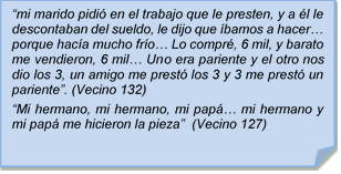 ?mi marido pidi en el trabajo que le presten, y a l le descontaban del sueldo, le dijo que bamos a hacer? porque haca mucho fro? Lo compr, 6 mil, y barato me vendieron, 6 mil? Uno era pariente y el otro nos dio los 3, un amigo me prest los 3 y 3 me prest un pariente?. (Vecino 132)