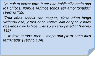 ?yo quiero cerrar para tener una habitacin cada uno los chicos, porque vivimos todos as amontonados? (Vecino 133)
?Tres aos estuve con chapas, cinco aos tengo viviendo ac, y tres aos estuve con chapas y hace dos aos creo lo hice? dos o un ao y medio? (Vecino 132)
??le falta la losa, todo? tengo una pieza nada ms terminada? (Vecino 134).

