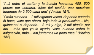 ?(?) entre el cartn y la botella hacemos 400, 500 pesos por semana, lejos del sueldo que nosotros tenemos de 2.500 cada uno? (Vecino 151).
Y ms o menos? 2 mil algunas veces, depende cundo l hace, viste que ahora  baj toda la produccin? No, quincenal o depende? 2 mil y algo, 2 mil piquito por ah? ms que yo le ayudo, viste, cuando cobro la asignacin, ms? as juntamos un poco ms.? (Vecino 152)

