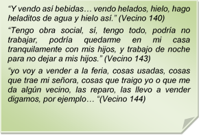 ?Y vendo as bebidas? vendo helados, hielo, hago heladitos de agua y hielo as.? (Vecino 140)
?Tengo obra social, s, tengo todo, podra no trabajar, podra quedarme en mi casa tranquilamente con mis hijos, y trabajo de noche para no dejar a mis hijos.? (Vecino 143)
?yo voy a vender a la feria, cosas usadas, cosas que trae mi seora, cosas que traigo yo o que me da algn vecino, las reparo, las llevo a vender digamos, por ejemplo? ?(Vecino 144)
