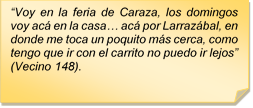 ?Voy en la feria de Caraza, los domingos voy ac en la casa? ac por Larrazbal, en donde me toca un poquito ms cerca, como tengo que ir con el carrito no puedo ir lejos? (Vecino 148).