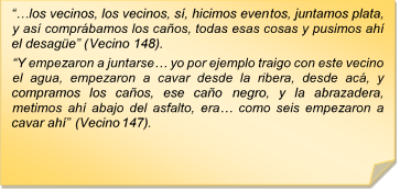 ??los vecinos, los vecinos, s, hicimos eventos, juntamos plata, y as comprbamos los caos, todas esas cosas y pusimos ah el desage? (Vecino 148).
?Y empezaron a juntarse? yo por ejemplo traigo con este vecino el agua, empezaron a cavar desde la ribera, desde ac, y compramos los caos, ese cao negro, y la abrazadera, metimos ah abajo del asfalto, era? como seis empezaron a cavar ah? (Vecino 147).
