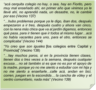 ?ac cerquita colegio no hay, o sea, hay en Fiorito, pero muy mal enseado ah, en primer ao que vinimos yo le llev ah, no aprendi nada, un desastre, no, le cambi por eso (Vecino 137)
??hubo problemas porque ya le digo, iban dos, despus empezaron a ir tres, despus cuatro y ahora van cinco, con la nena ms chica que va al jardn digamos, entonces qu pasa, para ir tienen que ir todos al mismo lugar?ac no haba vacantes para uno, para el otro, entonces se complicaba? (Vecino 144) 
?Yo creo que son iguales [los colegios entre Capital y Provincia]? (Vecino 138)
??hay muchos paros, si en la provincia tienen clases, tienen dos o tres veces a la semana, despus cualquier excusa? no s tambin si es que no es por el apoyo de la madre, porque yo no me siento a estudiar con mi hija y no me siento a ensearle?calle ac, andan en bici, corren, juegan en la escondida? la cancha de vley y el centro comunitario, nada ms? (Vecino 139) 
