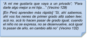 ?A m me gustara que vaya a un privado?; ?Para darle algo mejor a mi hija?? (Vecino 129)[En Per aprenden ms rpido] ?S, ah sabemos, ah vos los nenes de primer grado all saben leer, ac no, ac lo hacen pasar de grado igual, cuando el nio no se expresa, no se desenvuelve, ac igual lo pasan de ao, en cambio all no? (Vecino 132)