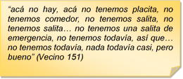 ?ac no hay, ac no tenemos placita, no tenemos comedor, no tenemos salita, no tenemos salita? no tenemos una salita de emergencia, no tenemos todava, as que? no tenemos todava, nada todava casi, pero bueno? (Vecino 151)