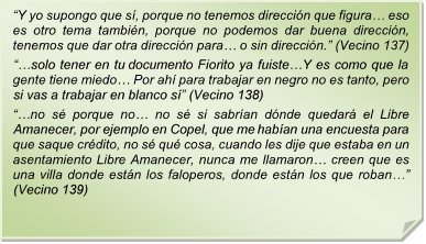 ?Y yo supongo que s, porque no tenemos direccin que figura? eso es otro tema tambin, porque no podemos dar buena direccin, tenemos que dar otra direccin para? o sin direccin.? (Vecino 137)