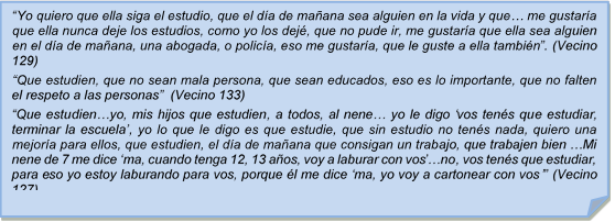 ?Yo quiero que ella siga el estudio, que el da de maana sea alguien en la vida y que? me gustara que ella nunca deje los estudios, como yo los dej, que no pude ir, me gustara que ella sea alguien en el da de maana, una abogada, o polica, eso me gustara, que le guste a ella tambin?. (Vecino 129)?Que estudien, que no sean mala persona, que sean educados, eso es lo importante, que no falten el respeto a las personas?  (Vecino 133)?Que estudien?yo, mis hijos que estudien, a todos, al nene? yo le digo ?vos tens que estudiar, terminar la escuela?, yo lo que le digo es que estudie, que sin estudio no tens nada, quiero una mejora para ellos, que estudien, el da de maana que consigan un trabajo, que trabajen bien ?Mi nene de 7 me dice ?ma, cuando tenga 12, 13 aos, voy a laburar con vos??no, vos tens que estudiar, para eso yo estoy laburando para vos, porque l me dice ?ma, yo voy a cartonear con vos?? (Vecino 127)?Yo quiero que ella siga el estudio, que el da de maana sea alguien en la vida y que? me gustara que ella nunca deje los estudios, como yo los dej, que no pude ir, me gustara que ella sea alguien en el da de maana, una abogada, o polica, eso me gustara, que le guste a ella tambin?. (Vecino 129)?Que estudien, que no sean mala persona, que sean educados, eso es lo importante, que no falten el respeto a las personas?  (Vecino 133)?Que estudien?yo, mis hijos que estudien, a todos, al nene? yo le digo ?vos tens que estudiar, terminar la escuela?, yo lo que le digo es que estudie, que sin estudio no tens nada, quiero una mejora para ellos, que estudien, el da de maana que consigan un trabajo, que trabajen bien ?Mi nene de 7 me dice ?ma, cuando tenga 12, 13 aos, voy a laburar con vos??no, vos tens que estudiar, para eso yo estoy laburando para vos, porque l me dice ?ma, yo voy a cartonear con vos?? (Vecino 127)