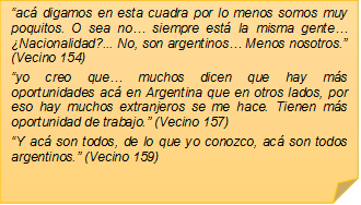 �ac� digamos en esta cuadra por lo menos somos muy poquitos. O sea no� siempre est� la misma gente� �Nacionalidad?... No, son argentinos� Menos nosotros.� (Vecino 154)