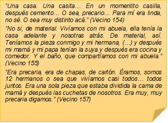 �Una casa. Una casita� En un momentito casilla, despu�s cemento� O sea, precario� Para m� era linda, no s�. O sea muy distinto ac�.� (Vecino 154)
�No si, de material. Viv�amos con mi abuela, ella ten�a la casa adelante y nosotras atr�s. De material, as�. Ten�amos la pieza conmigo y mi hermana, (�) y despu�s mi mam� y mi papa ten�an la suya y despu�s era cocina y comedor. Y el ba�o, que compart�amos con mi abuela.� (Vecino 155)
�Era precaria, era de chapas, de cart�n. �ramos, somos 12 hermanos o sea que viv�amos casi todos� todos juntos. Era una sola pieza que estaba dividida la cama de mam� y despu�s las cuchetas de nosotros. Era muy, muy precaria digamos.� (Vecino 157)
