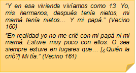 �Y en esa vivienda viv�amos como 13. Yo, mis hermanos, despu�s ten�a nietos, mi mam� ten�a nietos� Y mi pap�.� (Vecino 160)