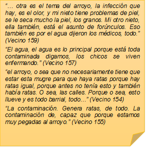 �� otra es el tema del arroyo, la infecci�n que hay, es el olor, y mi nieto tiene problemas de piel, se le seca mucho la piel, los granos. Mi otro nieto, ella tambi�n, est� el asunto de for�nculos. Eso tambi�n es por el agua dijeron los m�dicos, todo.� (Vecino 159)�El agua, el agua es lo principal porque est� toda contaminada digamos, los chicos se viven enfermando.� (Vecino 157)�el arroyo, o sea que no necesariamente tiene que estar esta mugre para que haya ratas porque hay ratas igual, porque antes no ten�a esto y tambi�n hab�a ratas. O sea, las calles. Porque o sea, esto llueve y es todo barrial, todo�� (Vecino 154)�La contaminaci�n. Genera ratas, de todo. La contaminaci�n de, capaz que porque estamos muy pegadas al arroyo.� (Vecino 155)