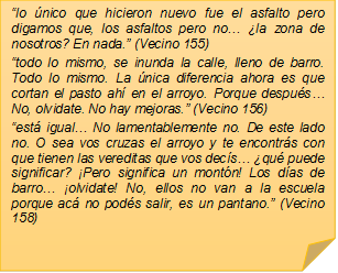 �lo �nico que hicieron nuevo fue el asfalto pero digamos que, los asfaltos pero no� �la zona de nosotros? En nada.� (Vecino 155)
�todo lo mismo, se inunda la calle, lleno de barro. Todo lo mismo. La �nica diferencia ahora es que cortan el pasto ah� en el arroyo. Porque despu�s� No, olvidate. No hay mejoras.� (Vecino 156)
�est� igual� No lamentablemente no. De este lado no. O sea vos cruzas el arroyo y te encontr�s con que tienen las vereditas que vos dec�s� �qu� puede significar? �Pero significa un mont�n! Los d�as de barro� �olvidate! No, ellos no van a la escuela porque ac� no pod�s salir, es un pantano.� (Vecino 158)
