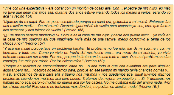 �Vine con una expectativa y era cortar con un mont�n de cosas all�. Con� el padre de mis hijos, es m�s yo tuve que dejar mis hijos all�, durante dos a�os estuve viajando todos los meses a verlos, estando yo ac�.� (Vecino 154)�digamos de mi pap�. Fue un poco complicado porque mi pap� era, golpeaba a mi mam�. Entonces fue una relaci�n media� De mi mam�. Despu�s igual volvi� de vuelta pero despu�s ya una, creo que fueron dos semanas y nos fuimos de vuelta.� (Vecino 155) �[�Fue bueno haberte mudado?] Si. Porque es la casa de mis hijos y nadie nos puede decir� yo viv�a en la casa de mis suegros as� que imag�nate, viv�a m�s de una familia, medio conflictivo el tema de los chicos �no?� (Vecino 157)�Y ac� me mud� porque tuve un problema familiar. El problema no fue m�o, fue de mi sobrina y con mi hermana y todo eso. Como yo viv�a en frente del muchacho que� era novio de mi sobrina, yo viv�a enfrente entonces me mude. Por eso, porque le tirotearon la casa todo a ellos. O sea el problema no fue conmigo, fue m�s por miedo. Por los chicos m�os.� (Vecino 160)�Porque en realidad no encontr�bamos nada no� o sea todo lo que nos avisaban era para alquilar, alquilar pero no� nosotros no ten�amos para, porque en ese tiempo mi marido ten�a changas nom�s y� y as�, and�bamos de ac� para all� y bueno nos metimos y nos quedamos ac�. Igual tuvimos muchos problemas cuando nos metimos ac� pero bueno. Tratamos de mejorar un poquito y� Si. Y despu�s nos hab�an dicho ac�, pero yo mucho no quer�a ac� por los cables. No me gustaba esto del arroyo nada. �Por los chicos aparte! Pero como no ten�amos m�s d�nde ir, no pod�amos alquilar, nada� (Vecino 161)