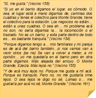 �S�, me gusta.� (Vecino 158)
�Si yo en el barrio digamos el lugar, es c�modo. O sea, el lugar est� a mano digamos de, caminas dos cuadras y tenes el colectivo para Monte Grande, tiene el colectivo para la estaci�n. Los negocios no est�n� est�n a unas cuadras. O sea eh� mi problema ac� no son, no ser�a digamos la� la locomoci�n o el traslado. No es un barrio, y esta parte dentro de todo es� es bastante tranquila.� (Vecino 154)
�Porque digamos tengo a� mis familiares y mi pareja es de ac� del barrio tambi�n�si nos vamos van a venir otros {se rie} Se van a volver a meter, a mi opini�n� yo me quedar�a en el barrio pero en otra parte digamos. M�s alejada del arroyo. O Monte Grande, Ezeiza. M�s lejos no.� (Vecino 155)
�Y de ac� muy lejos no. Porque me gusta a m� ac�. Porque es tranquilo. Pero no, no me gustar�a irme lejos. O sea lejos le digo no s�, Lomas o� me gustar�a por ac� no s�, Monte Grande.� (Vecino 161)
