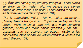 �[�C�mo era antes?] No, era muy tranquilo. O sea nunca se sinti� un tiro, nada� No, me parece que vienen chicos de otros lados. Eso pasa. O sea andan robando� en la zona vamo� a decir.� (Vecino 161)
�Por la tranquilidad mejor� No, no, antes era mejor� [Ahora] Menos tranquilo si� Y porque ya hay muchos chicos. Viste ya antes eran m�s que nada personas grandes, ahora son todos chicos grandes y por ah� escuchas que se agarran, se pelean, est�n a los cascotazos, otros por ah� de vez en cuando a veces a los tiros.� (Vecino 159)
