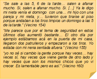 �Se sale a las 5, 6 de la tarde� salen a afanar mucho. Si, salen a afanar mucho. Si. [�] Ya le digo mi nieta ven�a el domingo  con una� mi hijo con una pareja y mi nieta, y� tuvieron que tirarse al piso porque andaban a los tiros limpios un domingo a las 5 de la tarde.� (Vecino 154)
�Me parece que por el tema de seguridad en estos �ltimos d�as aument� bastante� El otro d�a por ejemplo est�bamos ac� en la puerta de mi casa, llegaron dos patrulleros y empezaron a los tiros. Yo estaba con mi nena sentada afuera.� (Vecino 155)
�yo no s� si cambio la gente porque hay veces� hay veces s�, hay veces que viene gente de otro lado y hay veces que son los mismos chicos que yo vi crecer. Es lamentable pero es as�.� (Vecino 160)
