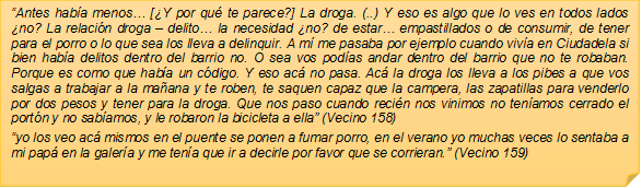 �Antes hab�a menos� [�Y por qu� te parece?] La droga. (..) Y eso es algo que lo ves en todos lados �no? La relaci�n droga � delito� la necesidad �no? de estar� empastillados o de consumir, de tener para el porro o lo que sea los lleva a delinquir. A m� me pasaba por ejemplo cuando viv�a en Ciudadela si bien hab�a delitos dentro del barrio no. O sea vos pod�as andar dentro del barrio que no te robaban. Porque es como que hab�a un c�digo. Y eso ac� no pasa. Ac� la droga los lleva a los pibes a que vos salgas a trabajar a la ma�ana y te roben, te saquen capaz que la campera, las zapatillas para venderlo por dos pesos y tener para la droga. Que nos paso cuando reci�n nos vinimos no ten�amos cerrado el port�n y no sab�amos, y le robaron la bicicleta a ella� (Vecino 158)�yo los veo ac� mismos en el puente se ponen a fumar porro, en el verano yo muchas veces lo sentaba a mi pap� en la galer�a y me ten�a que ir a decirle por favor que se corrieran.� (Vecino 159)