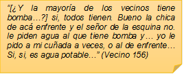 ?[Y la mayora de los vecinos tiene bomba??] si, todos tienen. Bueno la chica de ac enfrente y el seor de la esquina no. le piden agua al que tiene bomba y? yo le pido a mi cuada a veces, o al de enfrente? Si, si, es agua potable?? (Vecino 156)