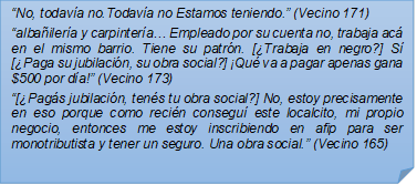 ?No, todava no.Todava no Estamos teniendo.? (Vecino 171)?albailera y carpintera? Empleado por su cuenta no, trabaja ac en el mismo barrio. Tiene su patrn. [Trabaja en negro?] S [Paga su jubilacin, su obra social?] Qu va a pagar apenas gana $500 por da!? (Vecino 173)?[Pags jubilacin, tens tu obra social?] No, estoy precisamente en eso porque como recin consegu este localcito, mi propio negocio, entonces me estoy inscribiendo en afip para ser monotributista y tener un seguro. Una obra social.? (Vecino 165)