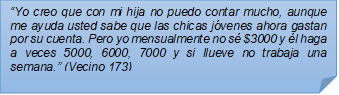 ?Yo creo que con mi hija no puedo contar mucho, aunque me ayuda usted sabe que las chicas jvenes ahora gastan por su cuenta. Pero yo mensualmente no s $3000 y l haga a veces 5000, 6000, 7000 y si llueve no trabaja una semana.? (Vecino 173)