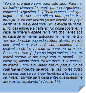 ?Yo siempre quise venir para este lado. Para m, mi ilusin siempre fue venir para la Argentina a conocer la Argentina. [?] Tena la nena, tena que pagar el alquiler, una niera para poder ir a trabajar. Y en ese tiempo yo me separ del pap de mi nena. Me qued sola. Sin la ayuda de nadie. Entonces empec a trabajar. No poda sostener la casa, la niera y aparte tena mis dos nenes ac en casa de mi mam. Entonces mi mam me dijo ?en vez de estar pagando niera alquiler y todo eso, venite a vivir ac con nosotros. Ac cualquiera de los vecinos va a ver por la nena?. Bueno eso hice. [?] yo no tengo contacto con mi mam porque yo me enoj con mi mam? Yo estoy alquilando ahora. Yo me mud de la casa de mi mam. Estoy alquilando con mi pareja. No s cul fue la molestia de ellos, tal vez no les gust mi pareja, que se yo. Traer hombres a la casa, no s. Prefer salirme de la casa antes que quedarme ah y estoy alquilando.? (Vecino 171)