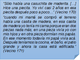 ?Slo haba una casuchita de maderita. [?] Hice una piecita. Yo viv casi 2 aos en esa piecita despus poco a poco?? (Vecino 170)
?cuando mi mam se compr el terreno haba una casita de madera, en esa casita de madera yo tena mi cama porque eran dos piezas nada ms, en una pieza viva yo con mis hijos y en otra pieza dorman mis paps. En ese momento todava mi pap viva ac. Despus tenamos la cocina, el bao, el patio grande y ahora la casa est edificada.? (Vecino 171)

