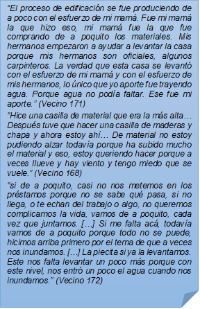 ?El proceso de edificacin se fue produciendo de a poco con el esfuerzo de mi mam. Fue mi mam la que hizo eso, mi mam fue la que fue comprando de a poquito los materiales. Mis hermanos empezaron a ayudar a levantar la casa porque mis hermanos son oficiales, algunos carpinteros. La verdad que esta casa se levant con el esfuerzo de mi mam y con el esfuerzo de mis hermanos, lo nico que yo aporte fue trayendo agua. Porque agua no poda faltar. Ese fue mi aporte.? (Vecino 171)
?Hice una casilla de material que era la ms alta? Despus tuve que hacer una casilla de maderas y chapa y ahora estoy ah? De material no estoy pudiendo alzar todava porque ha subido mucho el material y eso, estoy queriendo hacer porque a veces llueve y hay viento y tengo miedo que se vuele.? (Vecino 168)
?si de a poquito, casi no nos metemos en los prstamos porque no se sabe qu pasa, si no llega, o te echan del trabajo o algo, no queremos complicarnos la vida, vamos de a poquito, cada vez que juntamos. [?] Si me falta ac, todava vamos de a poquito porque todo no se puede, hicimos arriba primero por el tema de que a veces nos inundamos. [?] La piecita si ya la levantamos. Este nos falta levantar un poco ms porque con este nivel, nos entr un poco el agua cuando nos inundamos.? (Vecino 172)

