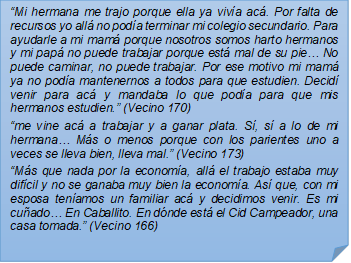 ?Mi hermana me trajo porque ella ya viva ac. Por falta de recursos yo all no poda terminar mi colegio secundario. Para ayudarle a mi mam porque nosotros somos harto hermanos y mi pap no puede trabajar porque est mal de su pie? No puede caminar, no puede trabajar. Por ese motivo mi mam ya no poda mantenernos a todos para que estudien. Decid venir para ac y mandaba lo que poda para que mis hermanos estudien.? (Vecino 170)?me vine ac a trabajar y a ganar plata. S, s a lo de mi hermana? Ms o menos porque con los parientes uno a veces se lleva bien, lleva mal.? (Vecino 173)?Ms que nada por la economa, all el trabajo estaba muy difcil y no se ganaba muy bien la economa. As que, con mi esposa tenamos un familiar ac y decidimos venir. Es mi cuado? En Caballito. En dnde est el Cid Campeador, una casa tomada.? (Vecino 166)