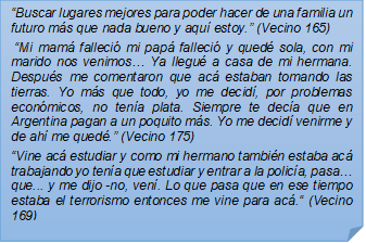 ?Buscar lugares mejores para poder hacer de una familia un futuro ms que nada bueno y aqu estoy.? (Vecino 165) ?Mi mam falleci mi pap falleci y qued sola, con mi marido nos venimos? Ya llegu a casa de mi hermana. Despus me comentaron que ac estaban tomando las tierras. Yo ms que todo, yo me decid, por problemas econmicos, no tena plata. Siempre te deca que en Argentina pagan a un poquito ms. Yo me decid venirme y de ah me qued.? (Vecino 175)?Vine ac estudiar y como mi hermano tambin estaba ac trabajando yo tena que estudiar y entrar a la polica, pasa? que... y me dijo -no, ven. Lo que pasa que en ese tiempo estaba el terrorismo entonces me vine para ac.? (Vecino 169)