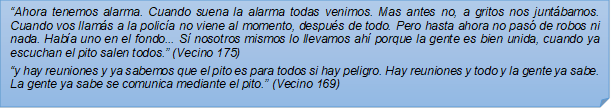 ?Ahora tenemos alarma. Cuando suena la alarma todas venimos. Mas antes no, a gritos nos juntbamos. Cuando vos llams a la polica no viene al momento, despus de todo. Pero hasta ahora no pas de robos ni nada. Haba uno en el fondo... S nosotros mismos lo llevamos ah porque la gente es bien unida, cuando ya escuchan el pito salen todos.? (Vecino 175)?y hay reuniones y ya sabemos que el pito es para todos si hay peligro. Hay reuniones y todo y la gente ya sabe. La gente ya sabe se comunica mediante el pito.? (Vecino 169)