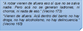?A robar vienen de afuera eso s que no se salva nadie. Pero ac no se generan ladrones, ni chorros, ni nada de eso.? (Vecino 173)?Vienen de afuera. Ac dentro del barrio no hay droga, no hay alcoholismo, no hay delincuencia.? (Vecino 165)