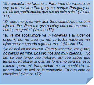 ?Me encanta me fascina? Para irme de vacaciones voy, pero a vivir a Paraguay no, porque Paraguay no me da las posibilidades que me da este pas.? (Vecino 171)?S, pero me gusta vivir ac. Sino cuando se muri mi hijo me iba. Pero me gusta estoy cmoda ac en el barrio, me gusta.? (Vecino 173)?si, ya me acostumbr ya. [Volveras a tu lugar de origen?] no, no creo, ya no, ya todos nacieron mis hijos ac y no puedo regresar ms.? (Vecino 174)?yo de ac no me muevo. Es muy tranquilo, me gusta, no pienso en irme. Los vecinos son muy buenos? No s, s que tengo que trabajar, as que sabes que tens que trabajar s o s. Es lo mismo para m, es lo mismo, pero mi tranquilidad no la cambiara, la tranquilidad de ac no la cambiara. En otro lado se complica.? (Vecino 172)