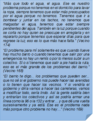 ?Ms que todo el agua, el agua. Ese es nuestro problema porque no tenemos en el domicilio para lavar la ropa, siempre tenemos que estar ms preocupados por el agua porque no tenemos. Tenemos que ir a bombear y juntar en los tachos, no tenemos que malgastar el agua, tenemos que estar siempre pendientes del agua. Tambin en la luz porque cuando se corta no hay quien se preocupe en arreglarla y en repararlo porque tenemos que esperar das para que regrese la luz, eso es lo que ms hace falta.? (Vecino 174)?El problema para m solamente es que cuando llueve hay mucho barro o cuando tenemos que salir por una emergencia no hay un rems o por lo menos subir a un colectivo. S o s tenemos que salir a pie hasta la ruta, eso es el ms grande de los problemas del barrio.? (Vecino 168)?El barrio te digo... los problemas que pueden ser... que no s si el gobierno nos puede hacer las avenidas o lo tienen que hacer los vecinos. Y si vendra el gobierno y dira vamos a hacer las carreteras, vamos a modificar todo, sera lindo. As la gente saldra bien y entraran los colectivos y as se podra armar una lnea como la 96 o la 132 y entrar? y que d una vuelta sucesivamente y ya est. Ese es el problema nada ms porque otro problema no hay?? (Vecino 169)