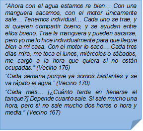 ?Ahora con el agua estamos re bien? Con una manguera sacamos, con el motor nicamente sale? Tenemos individual? Cada uno se trae, y si quieren compartir bueno, y se ayudan entre ellos bueno. Trae la manguera y pueden sacarse, pero yo me lo hice individualmente para que llegue bien a mi casa. Con el motor lo saco? Cada tres das mira, me toca el lunes, mircoles o sbados, me carg a la hora que quiera si no estn ocupadas.? (Vecino 176)?Cada semana porque ya somos bastantes y se va rpido el agua.? (Vecino 170)?Cada mes? [Cunto tarda en llenarse el tanque?] Depende cuanto sale. Si sale mucho una hora, pero si no sale mucho dos horas o hora y media.? (Vecino 167)