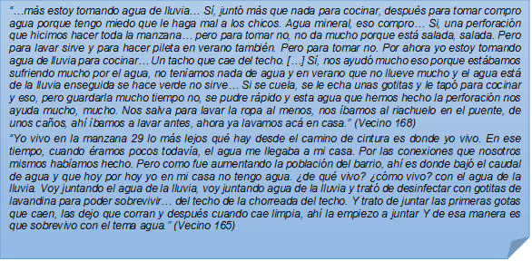 ??ms estoy tomando agua de lluvia? S, junt ms que nada para cocinar, despus para tomar compro agua porque tengo miedo que le haga mal a los chicos. Agua mineral, eso compro? Si, una perforacin que hicimos hacer toda la manzana? pero para tomar no, no da mucho porque est salada, salada. Pero para lavar sirve y para hacer pileta en verano tambin. Pero para tomar no. Por ahora yo estoy tomando agua de lluvia para cocinar? Un tacho que cae del techo. [?] S, nos ayud mucho eso porque estbamos sufriendo mucho por el agua, no tenamos nada de agua y en verano que no llueve mucho y el agua est de la lluvia enseguida se hace verde no sirve? Si se cuela, se le echa unas gotitas y le tap para cocinar y eso, pero guardarla mucho tiempo no, se pudre rpido y esta agua que hemos hecho la perforacin nos ayuda mucho, mucho. Nos salva para lavar la ropa al menos, nos bamos al riachuelo en el puente, de unos caos, ah bamos a lavar antes, ahora ya lavamos ac en casa.? (Vecino 168)?Yo vivo en la manzana 29 lo ms lejos qu hay desde el camino de cintura es donde yo vivo. En ese tiempo, cuando ramos pocos todava, el agua me llegaba a mi casa. Por las conexiones que nosotros mismos habamos hecho. Pero como fue aumentando la poblacin del barrio, ah es donde baj el caudal de agua y que hoy por hoy yo en mi casa no tengo agua. de qu vivo? cmo vivo? con el agua de la lluvia. Voy juntando el agua de la lluvia, voy juntando agua de la lluvia y trat de desinfectar con gotitas de lavandina para poder sobrevivir? del techo de la chorreada del techo. Y trato de juntar las primeras gotas que caen, las dejo que corran y despus cuando cae limpia, ah la empiezo a juntar Y de esa manera es que sobrevivo con el tema agua.? (Vecino 165)