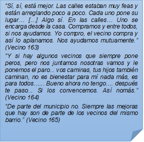 ?S, s, est mejor. Las calles estaban muy feas y estn arreglando poco a poco. Cada uno pone su lugar? [?] Algo s. En las calles? Uno se encarga desde la casa. Compramos y entre todos, si nos ayudamos. Yo compro, el vecino compra y as lo aplanamos. Nos ayudamos mutuamente.? (Vecino 163)?Y si hay algunos vecinos que siempre pone peros, pero nos juntamos nosotras vamos y le ponemos el paro... vos caminas, tus hijos tambin caminan, no es bienestar para m nada ms, es para todos?... Bueno ahora no tengo?. despus te paso... Si los convencemos. As noms.? (Vecino 164)?De parte del municipio no. Siempre las mejoras que hay son de parte de los vecinos del mismo barrio.? (Vecino 165)