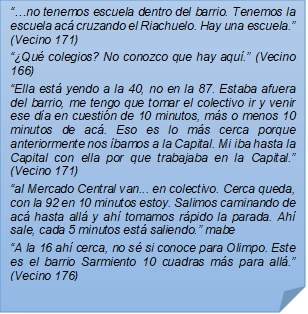 ??no tenemos escuela dentro del barrio. Tenemos la escuela ac cruzando el Riachuelo. Hay una escuela.? (Vecino 171)?Qu colegios? No conozco que hay aqu.? (Vecino 166)?Ella est yendo a la 40, no en la 87. Estaba afuera del barrio, me tengo que tomar el colectivo ir y venir ese da en cuestin de 10 minutos, ms o menos 10 minutos de ac. Eso es lo ms cerca porque anteriormente nos bamos a la Capital. Mi iba hasta la Capital con ella por que trabajaba en la Capital.? (Vecino 171)?al Mercado Central van... en colectivo. Cerca queda, con la 92 en 10 minutos estoy. Salimos caminando de ac hasta all y ah tomamos rpido la parada. Ah sale, cada 5 minutos est saliendo.? mabe?A la 16 ah cerca, no s si conoce para Olimpo. Este es el barrio Sarmiento 10 cuadras ms para all.? (Vecino 176)