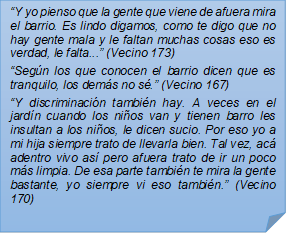 ?Y yo pienso que la gente que viene de afuera mira el barrio. Es lindo digamos, como te digo que no hay gente mala y le faltan muchas cosas eso es verdad, le falta...? (Vecino 173)?Segn los que conocen el barrio dicen que es tranquilo, los dems no s.? (Vecino 167)?Y discriminacin tambin hay. A veces en el jardn cuando los nios van y tienen barro les insultan a los nios, le dicen sucio. Por eso yo a mi hija siempre trato de llevarla bien. Tal vez, ac adentro vivo as pero afuera trato de ir un poco ms limpia. De esa parte tambin te mira la gente bastante, yo siempre vi eso tambin.? (Vecino 170)